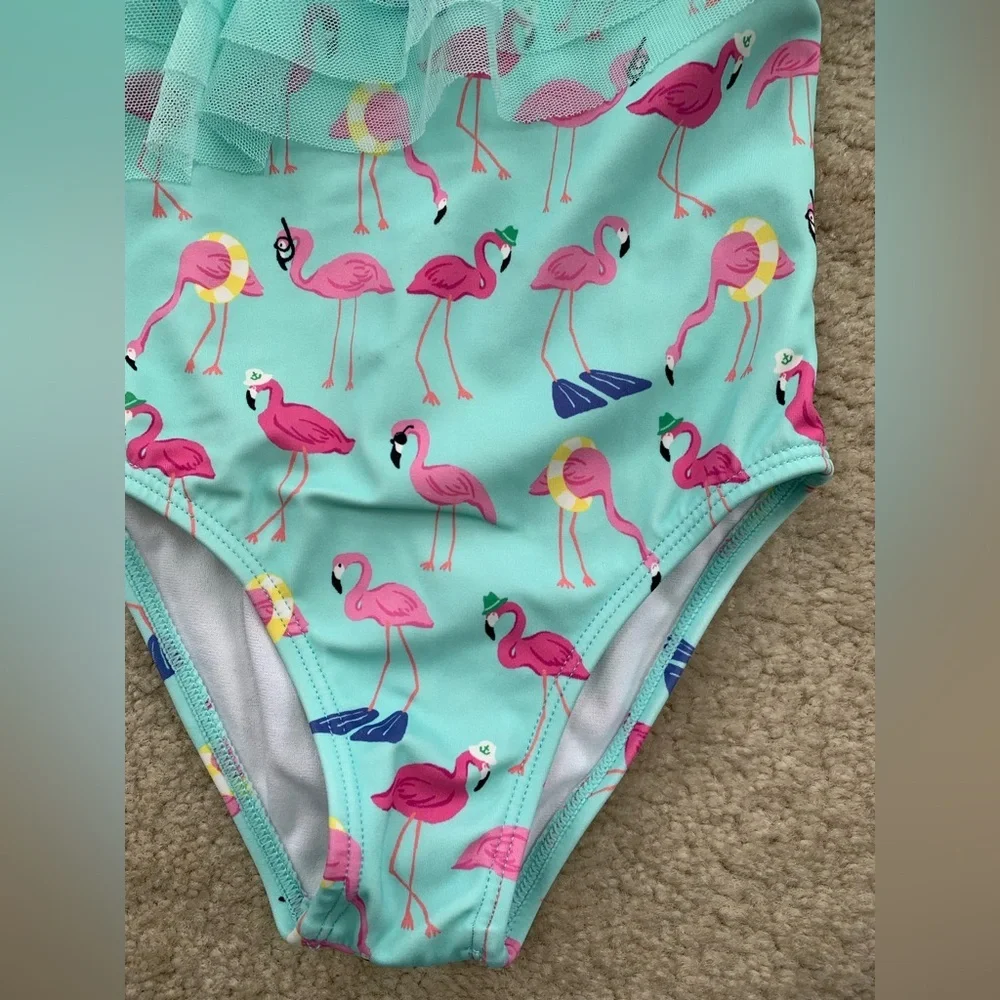 Janie and Jack Size 2T Flamingo Ruffle Tulle Shoulder One Piece Swimsuit